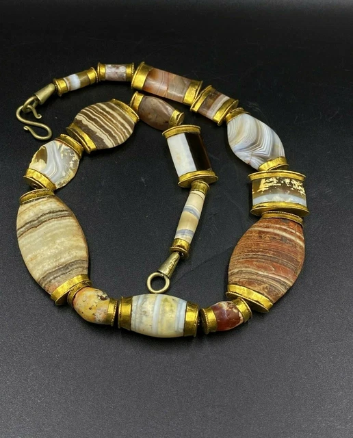 Old Antique Ancient Indo Greco Bactrian Banded Agate Beads Necklace