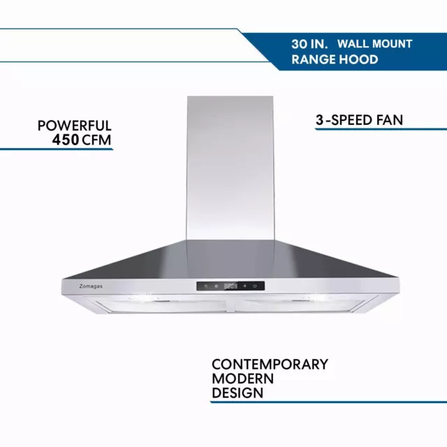 30" Wall Mount Range Hood Stainless Steel Kitchen Vent 450CFM 3-Speed Touch New