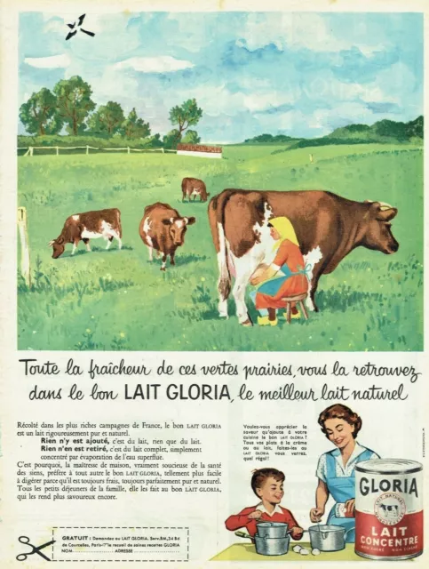 Publicité Advertising 0222  1958  Gloria lait concentré vertes prairies  vaches