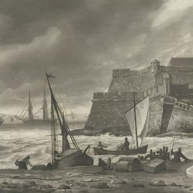 Port et citadelle de Blaye Marine Aquatinte originale Louis Garneray XIXe