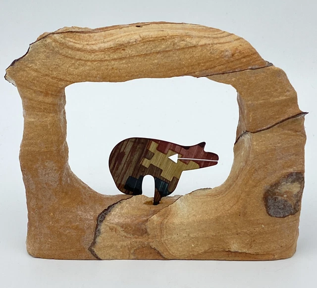 Fetish Bear Heart Line Spirit Figurine Sandstone Enamel Metal