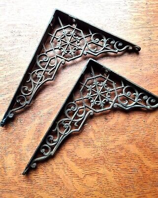 Two Antique Fancy Ornate Victorian Iron Filigreed Shelf Brackets - Unrestored