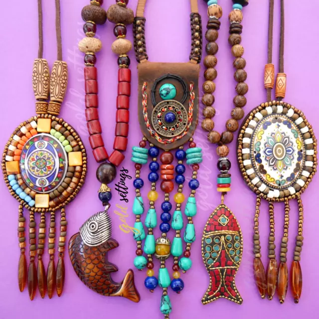 Boho Wooden Beaded Long Necklaces Ethnic Stone Wood Beads Pendant For Women
