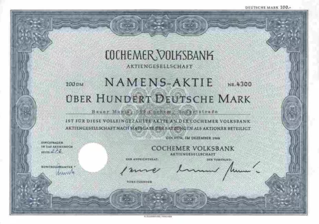 Cochemer Volksbank AG 1960 Cochem Eifel Wittlich Bernkastel Kues 100 DM Koblenz