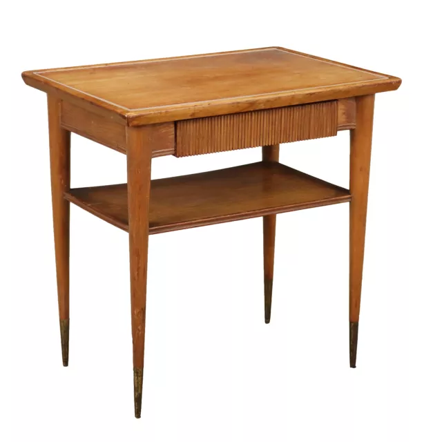 Table de Chevet Vintage en Frêne Laiton Tiroir Italie des Années 1950