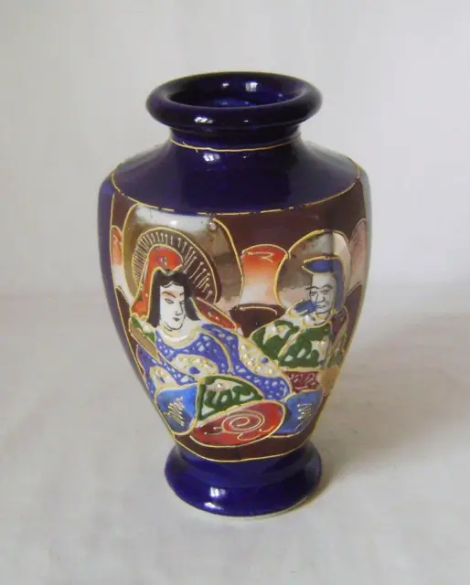 Vintage Japanese Satsuma Pottery Vase with Raised Enamels on a Blue Ground
