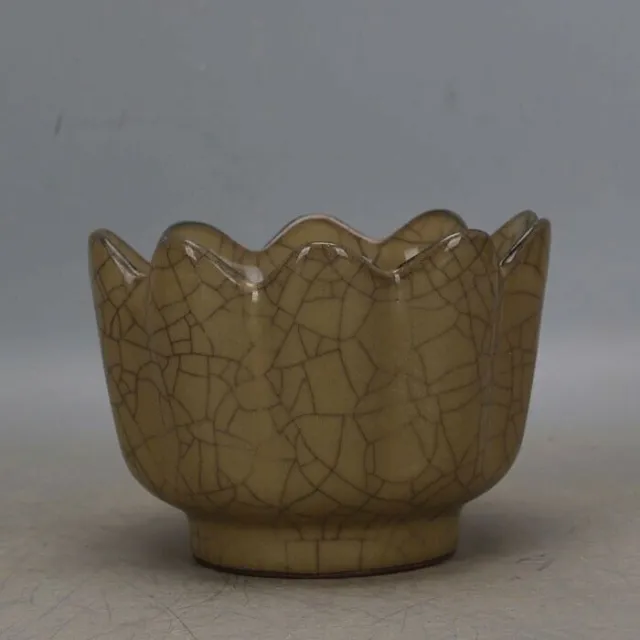 Chinese Song Ru Kiln Brown Crackles Porcelain Lotus Shape Bowl 5.60 inch