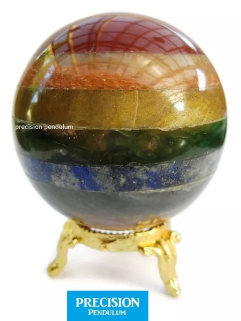 Chakra Seven Healing Crystal Gemstone Ball Orb Sphere on Gold Metal Stand