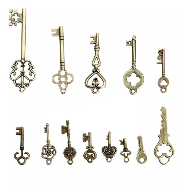 13PCS Large Vintage Antique Bronze Skeleton Keys Cabinet Barrel Old Lock Set