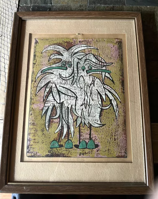 Vintage AL ROBI signed & #ed Early Birds Woodcut Framed Art Painting Rare 7/29