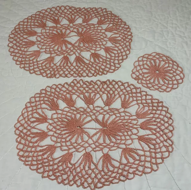 Three Hand Crocheted Doilies, Cotton, Flower Design, Peachy Pink