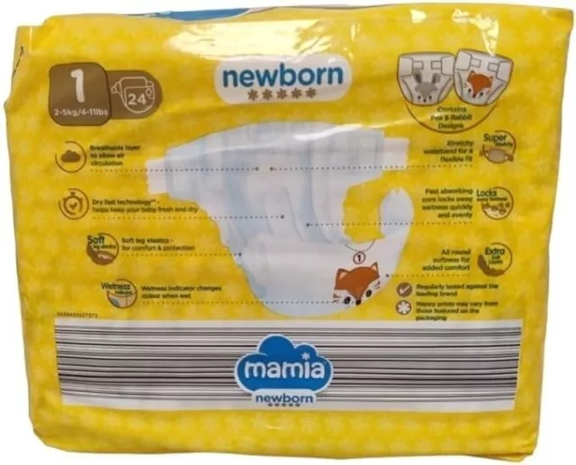 T Mamia Size 1 Nappies New-born 24 Pack, 144 Nappies (6 x 24) 3