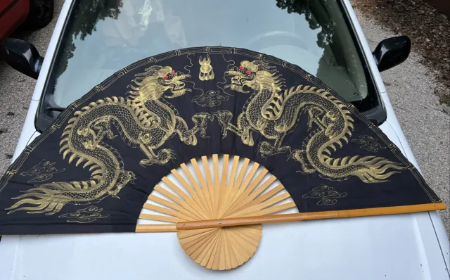 Vintage Chinese Oriental Dragon Hand Painted Silk Folding Bamboo Wall Fan 60”