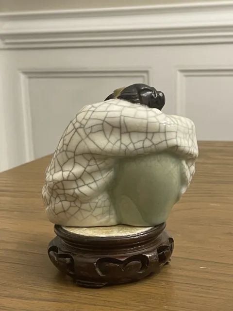 Shiwan Mudman Crackle Glazed Figurine of Man Sleeping on Vase ~ Vintage VGC 3
