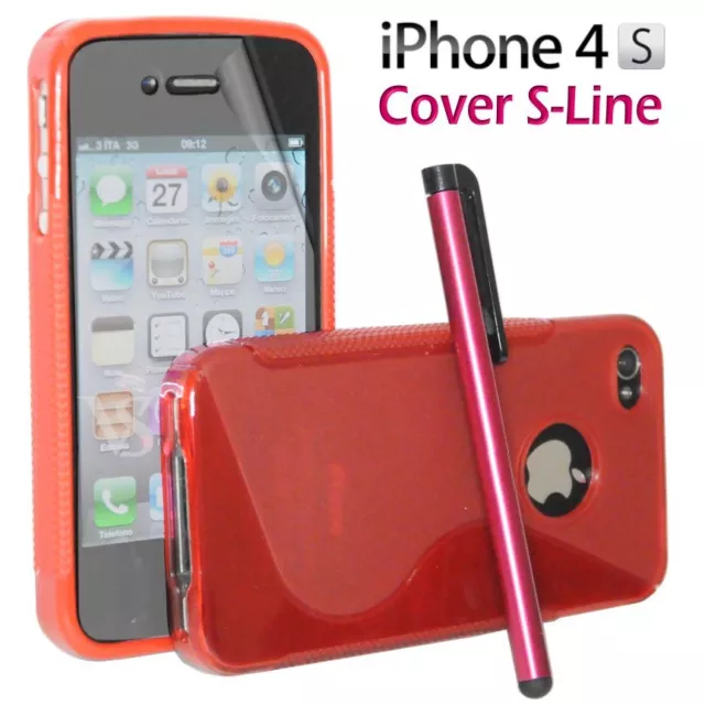 Cover Custodia Silicone Gel TPU S-Line Rosso Per iPhone 4/4G/4S + Pellicola Pen