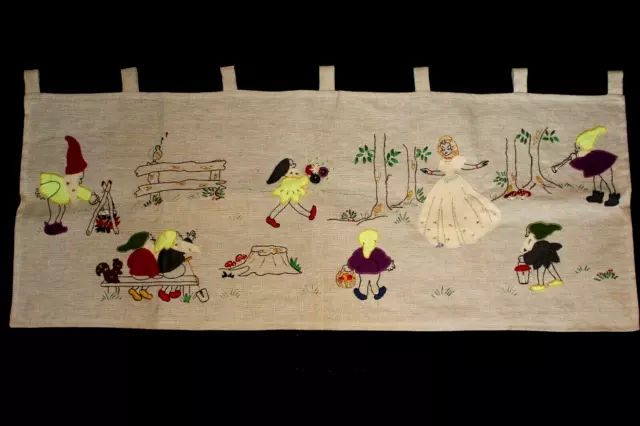 VINTAGE LINEN WALL HANGING Fairy Tale Handmade Embroidered Princess Gnome Retro