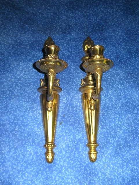 Pair Old Style Solid Brass Lacquered Wall Mounted Candle Holders