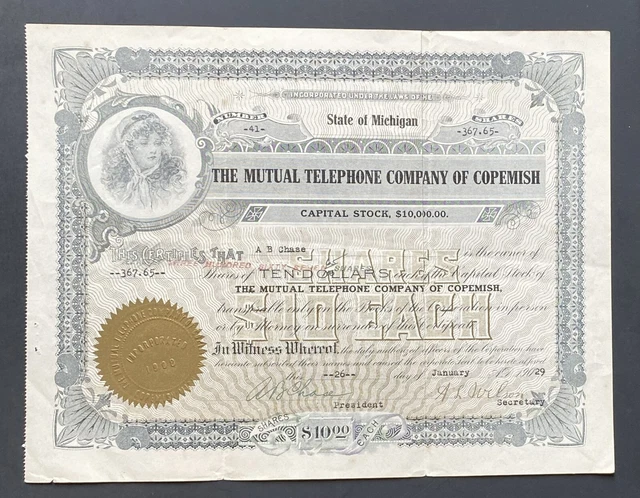 MUTUAL TELEPHONE CO of COPEMISH Stock 1929 Copemish, Manistee Co., MI Lake Mich.
