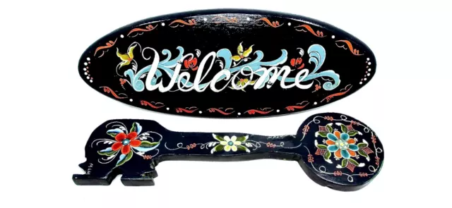 Welcome Plaque+Key Sign,Wood,Hand-Painted Flowers,Danish Design,2-Piece,USA Made
