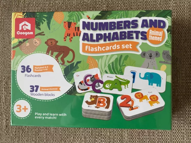 Coogam Numbers and Alphabets Flash Cards Set Animal Themed Flashcard Wood Blocks