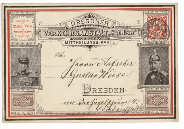 Privatpost GS Bedarfspost Sedantag 1890 Hansa Dresden Müller Katalog P 48 /ecke