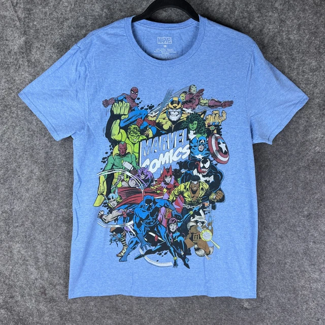 Marvel Shirt Mens Medium Blue Character Graphic Tee Comics Thanos Spiderman