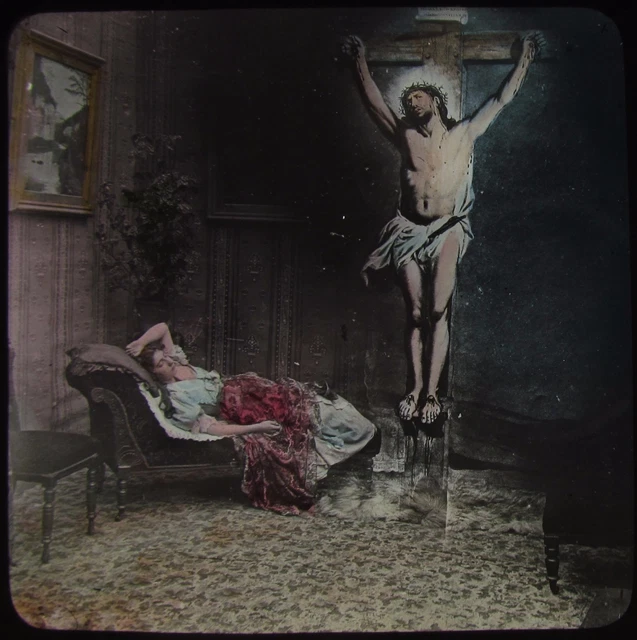 Glas magische Laterne Rutsche VIKTORIANISCHE DAME AUF CHAISEL LOUNGE MIT JESUS C1890 FOTO