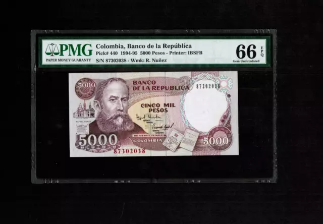 Colombia 5000 PESOS 1994-95   - Certified  PMG 66 EPQ  Gem UNC