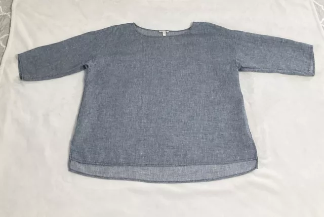 Eileen Fisher Shirt Wmns XL 100% Organic Linen Short Sleeve Blue Pullover Layer