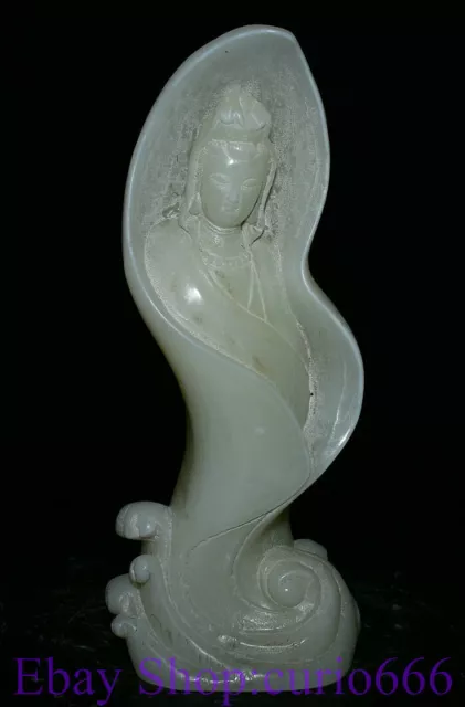 8" Old Chinese Natural White Jade Carving Kwan-Yin Guan Yin Goddess Sculpture