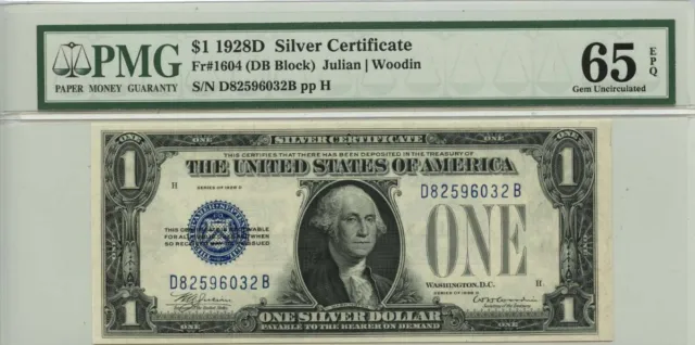 1928D $1 Silver Certificate Blue Seal Fr# 1604 PMG Gem 65 EPQ