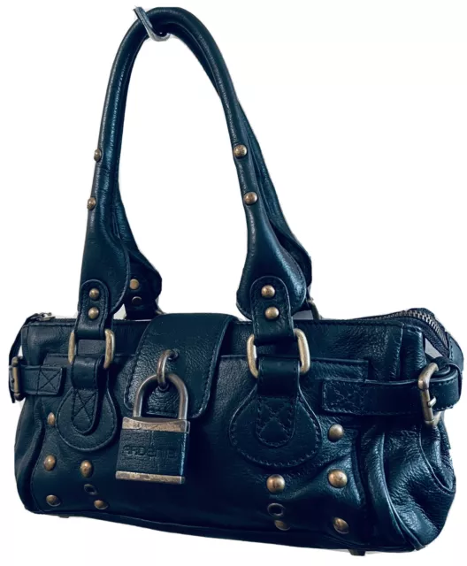 Studded Arden B Satchel Tote Handbag Pause Black Pebble Leather Zipped Key