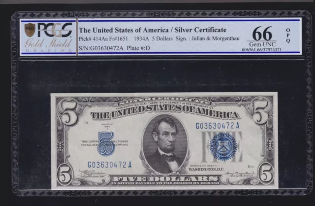 US 1934A $5 Silver Certificate FR 1651 PCGS 66 PPQ GEM CU (472)