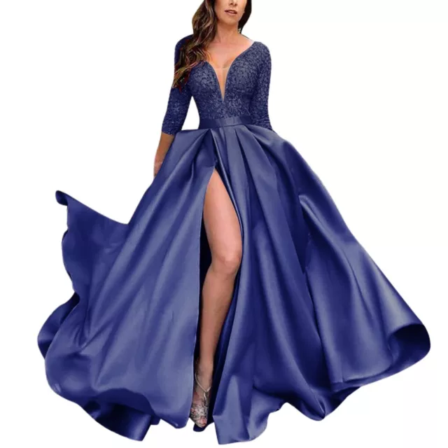 WOMENS LONG PROM Dress Sequin Short Sleeve High Slit Evening Ball Gown ...