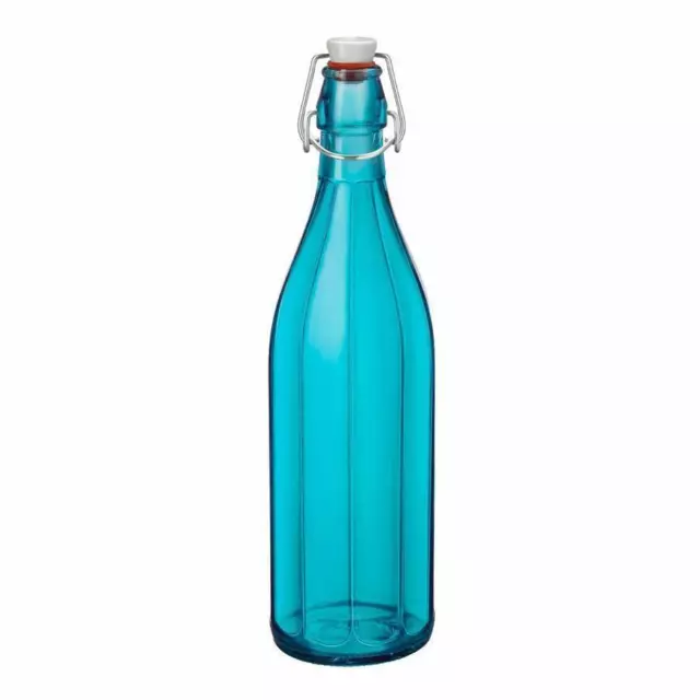 6x Glass Water Bottle 1 Litre Light Blue, Decagon Shape Serving Bormioli Rocco