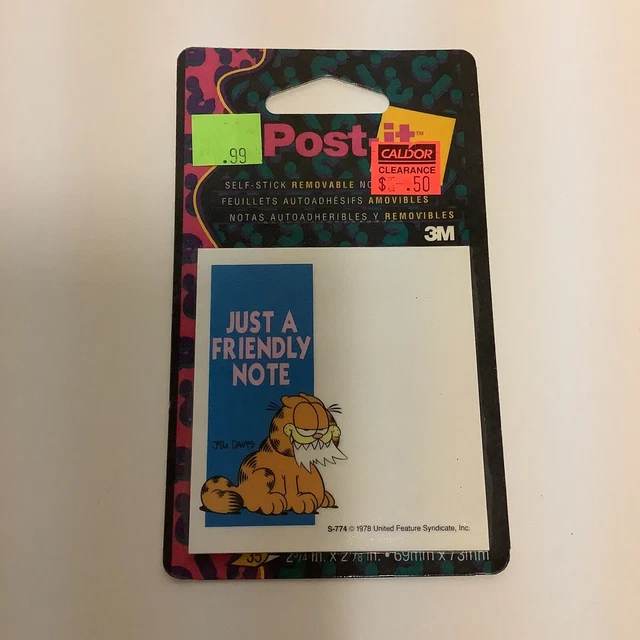 Garfield Notes VINTAGE GARFIELD POST-IT Notes Just a Friendly Note NOS 3M Sticky Notes ...