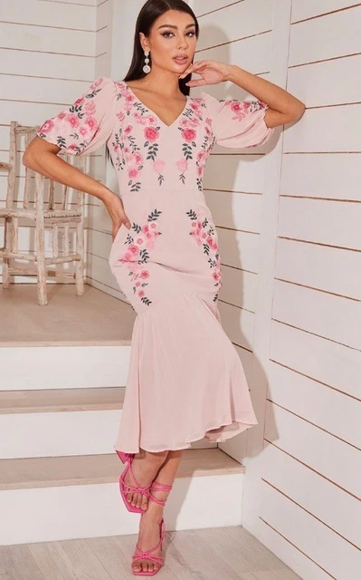 chi chi london embroidered maxi dress Halter Neck Embroidered Dip Hem Maxi Dress in Pink main image 1