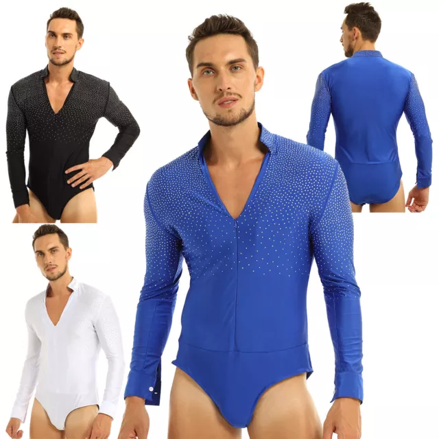 Homme Body Danse Latine Chemise à Manches Longues Strass Justaucorps Jazz Tango