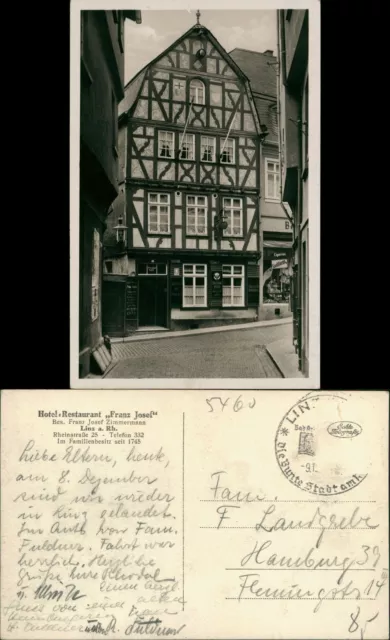 Ansichtskarte Linz am Rhein Hotel Restaurant Franz Josef 1940