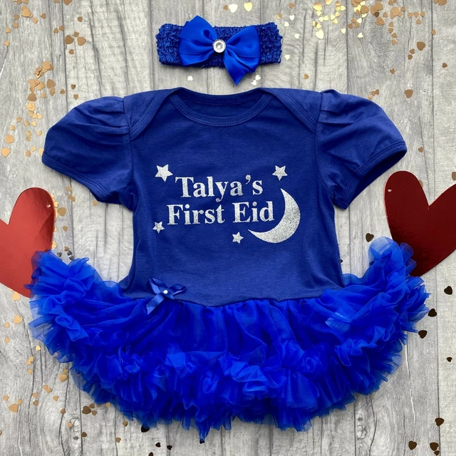 BAMBINA PRIMO EID TUTU ROMPER Personalizzato 1° Eid Abito Argento Luna Stelle
