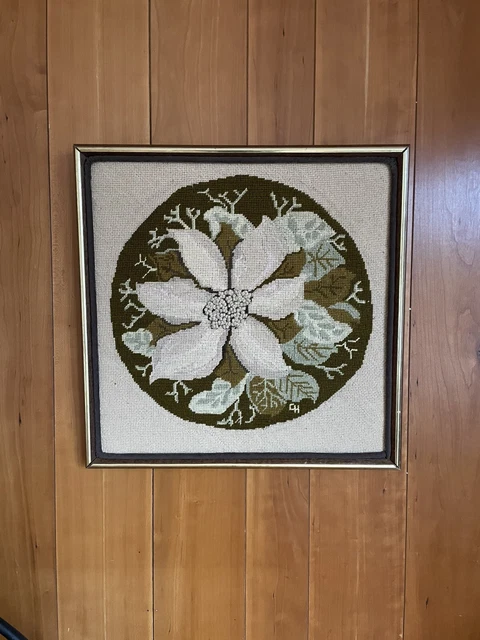 Vintage Floral Embroidered Framed Picture, Mid Century Modern Wall Hanging