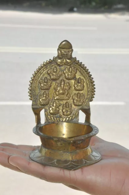 Old Brass Goddess Laxmi & Elephant Embossed Unique Shape Oil Lamp