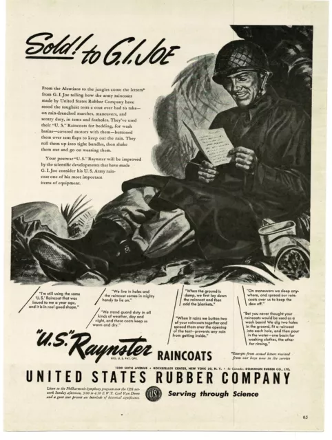 1944 US Rubber Co. Raynster Raincoats US Army Soldier art WWII Vintage Print Ad