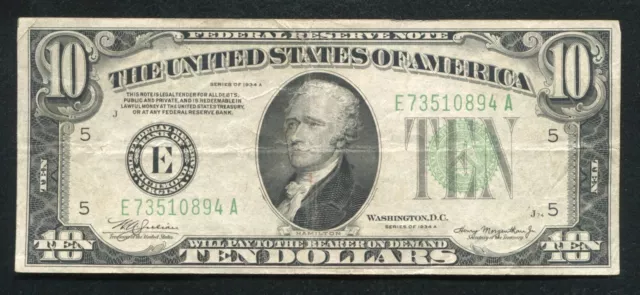1934-A $10 Ten Dollars Frn Federal Reserve Note Richmond, Va Very Fine (B)