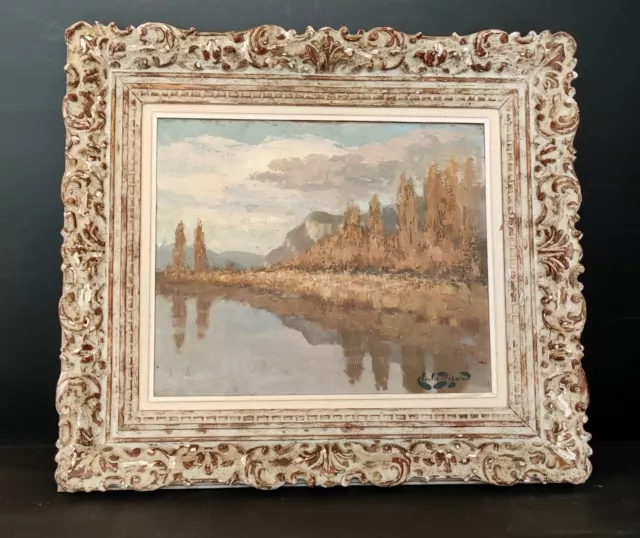 Tableau Peinture Huile Sur Toile Signe H. Bizard Lac Bourget Cadre Montparnasse