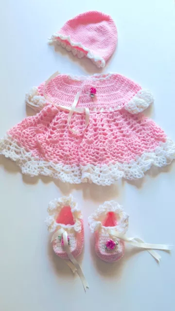 Bebé Niña Recién Nacida Rosa Hecho a Mano Vestido Botines Gorro 0-6 Meses