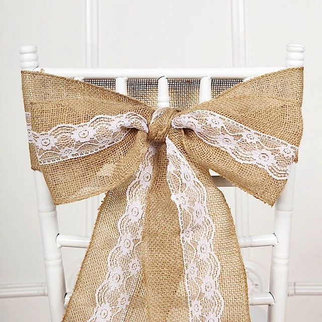 5" x 108" NATURAL BURLAP CHAIR SASH with WHITE Lace Wedding Party Event Supplies