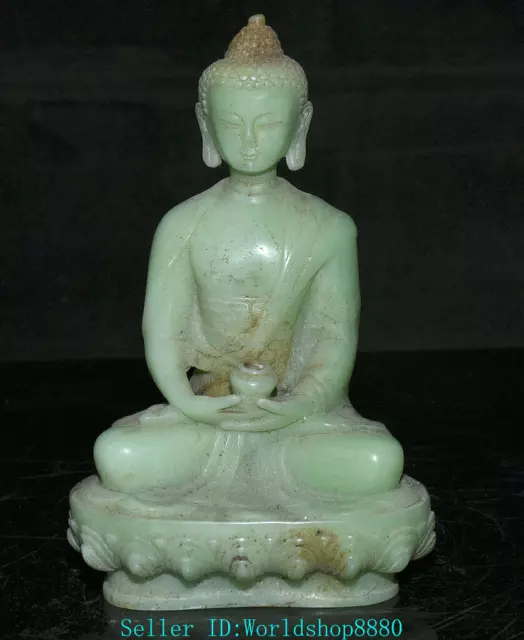 8.4'' Ancient China Green Jade Hand Made Carved Sakyamuni Amtiabha Sculpture