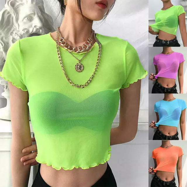 Women's T-shirt See-Through Transparent Crop Top Deep V Neck Short Sleeve  Shirt