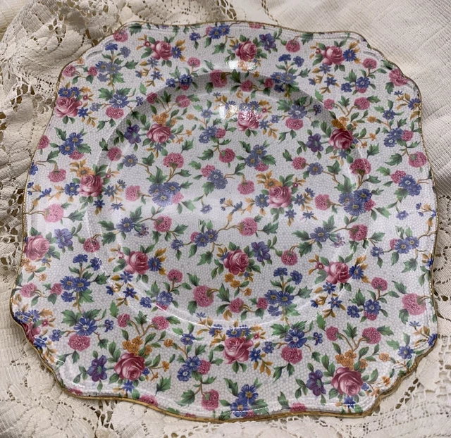 Beautiful! Royal Winton Grimwades Old Cottage Chintz Square Dinner Plate 10 inch